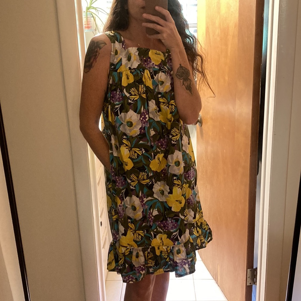 Vintage Floral Tank Sundress Yellow Purple Butterfly Printed Dress Summer